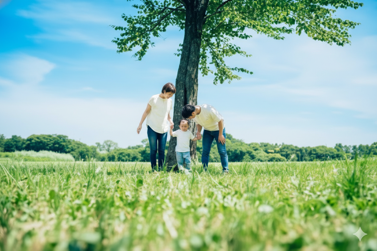 Parents And Their Child Lined Up Under A Tree