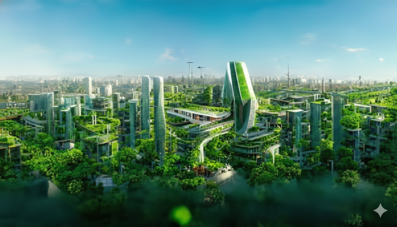 Spectacular Digital Art 3d Illustration Eco Futuristic City Abundant In Trees